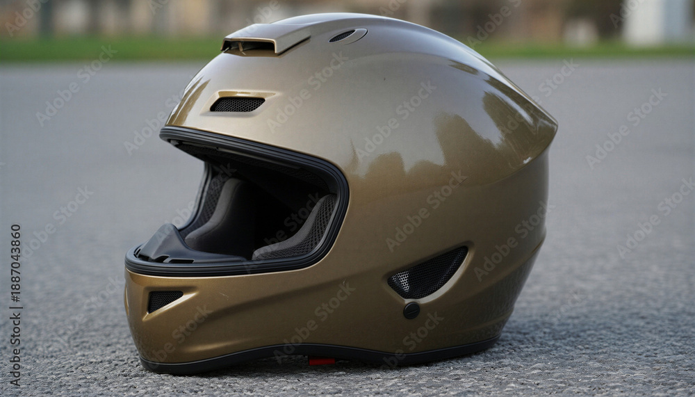 Fototapeta premium A full-face helmet in a gold-bronze color with a metallic sheen, designed for extreme sports. It sits on a paved surface that resembles a road surface or a playground.