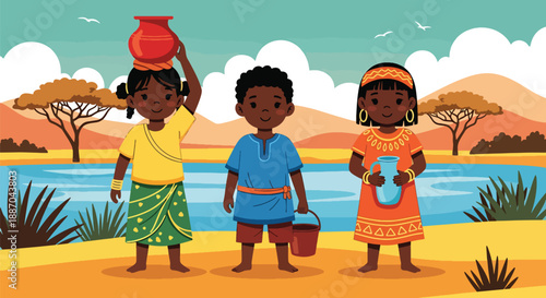 Vector illustration of African children fetching water together with containers, reflecting teamwork and daily rural life while promoting responsibility and cooperation in flat vector style