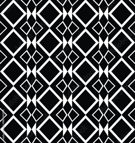 Geometric harlequin pattern background and texture. Black and white seamless hourglass  Interlocking abstract diamond lattice and rhombus shapes.