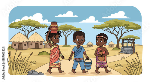 Vector illustration of African children fetching water together with containers, reflecting teamwork and daily rural life while promoting responsibility and cooperation in flat vector style