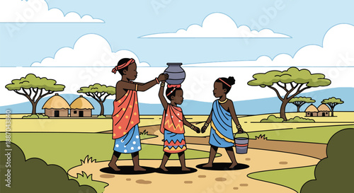 Vector illustration of African children fetching water together with containers, reflecting teamwork and daily rural life while promoting responsibility and cooperation in flat vector style