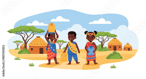 Vector illustration of African children fetching water together with containers, reflecting teamwork and daily rural life while promoting responsibility and cooperation in flat vector style