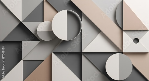 Abstract, geometric artwork composed of various shapes and shades of gray, white, and a soft coral color, creating a layered, textured composition.
