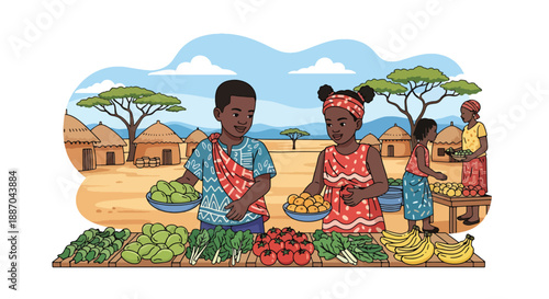 Vector illustration of African children helping parents at a local market arranging fresh produce, showing community involvement and everyday village commerce in flat vector style