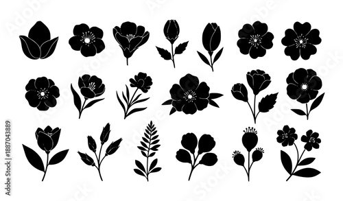 Botanical Flower Silhouette Icon Set Vector Floral Design