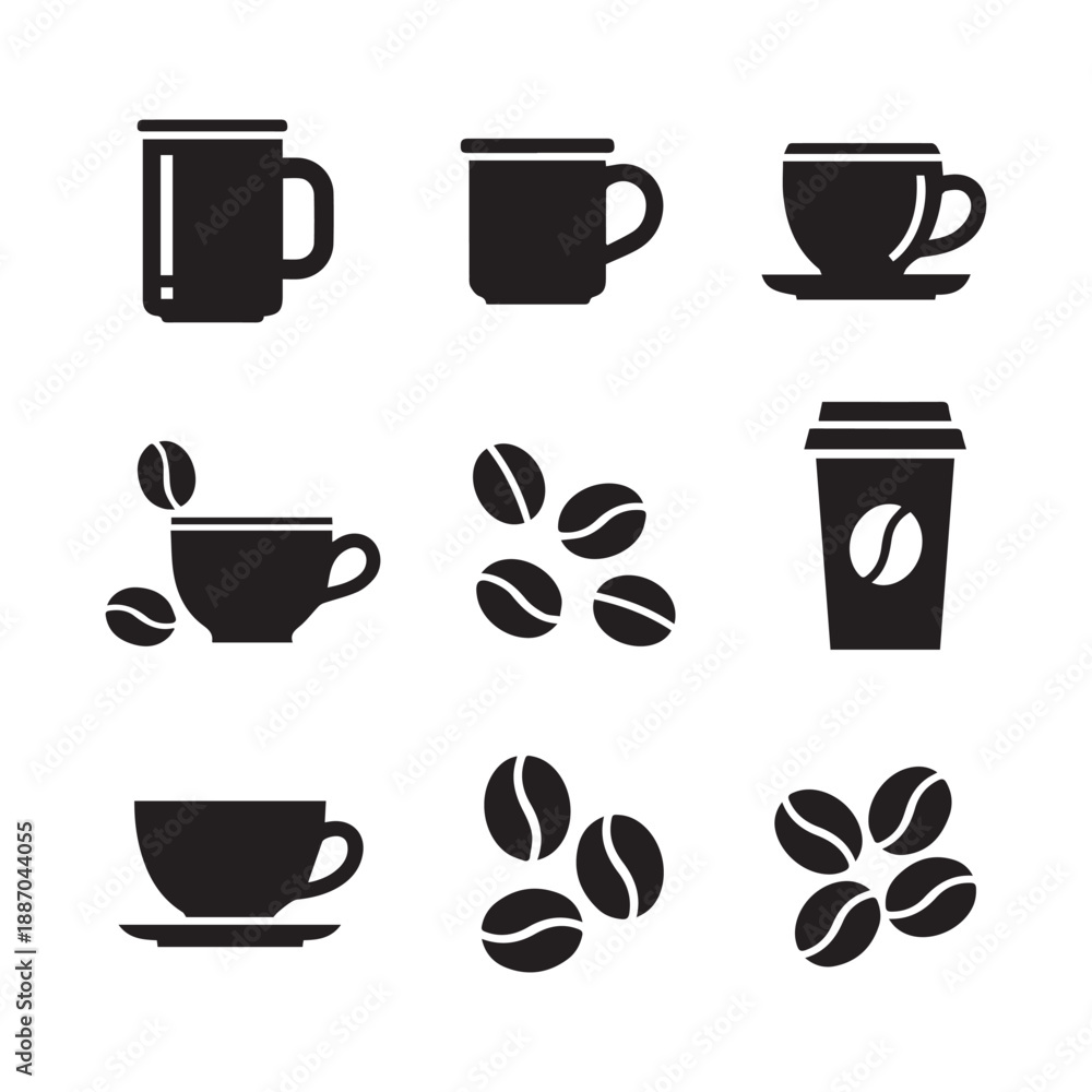 Obraz premium Coffee Cups and Beans Icons Set – Cafe and Beverage Symbols