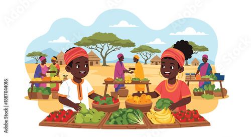 Vector illustration of African children helping parents at a local market arranging fresh produce, showing community involvement and everyday village commerce in flat vector style