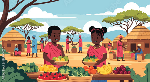 Vector illustration of African children helping parents at a local market arranging fresh produce, showing community involvement and everyday village commerce in flat vector style