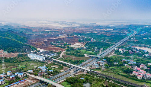 Slika na platnu Ezhou Highway Interchange Aerial View - Urban and Rural Development