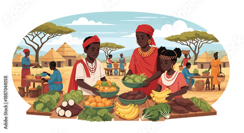 Vector illustration of African children helping parents at a local market arranging fresh produce, showing community involvement and everyday village commerce in flat vector style