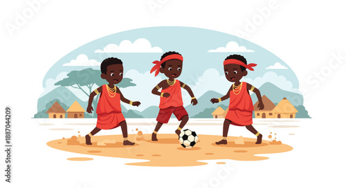 Vector illustration of African children playing football on a dusty field, expressing energy, friendship, and joyful outdoor sports in rural community life through flat vector design