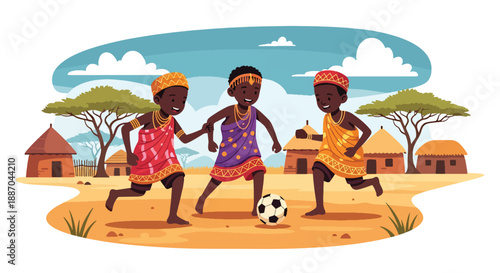 Vector illustration of African children playing football on a dusty field, expressing energy, friendship, and joyful outdoor sports in rural community life through flat vector design