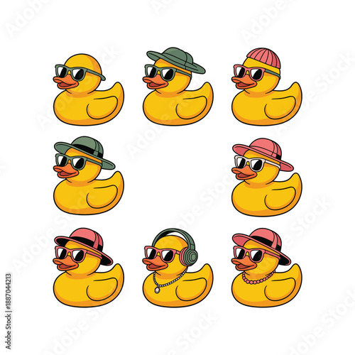Nine cute yellow rubber ducks wearing sunglasses and colorful hats in a grid layout