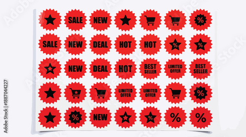 Red sale stickers with various promotional phrases and symbols on a white background for advertising discounts
