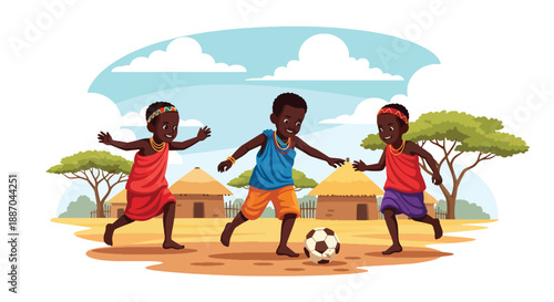 Vector illustration of African children playing football on a dusty field, expressing energy, friendship, and joyful outdoor sports in rural community life through flat vector design