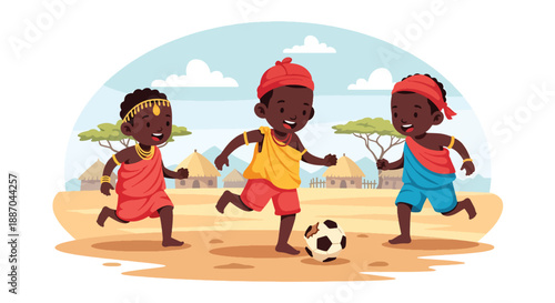 Vector illustration of African children playing football on a dusty field, expressing energy, friendship, and joyful outdoor sports in rural community life through flat vector design