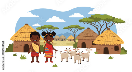 Vector illustration of African children herding goats near their homes, showing responsibility and connection to rural life and animals in flat vector style