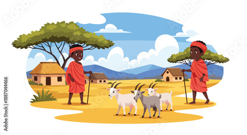 Vector illustration of African children herding goats near their homes, showing responsibility and connection to rural life and animals in flat vector style
