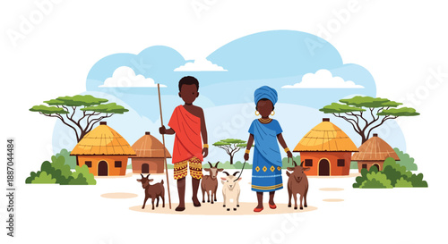 Vector illustration of African children herding goats near their homes, showing responsibility and connection to rural life and animals in flat vector style