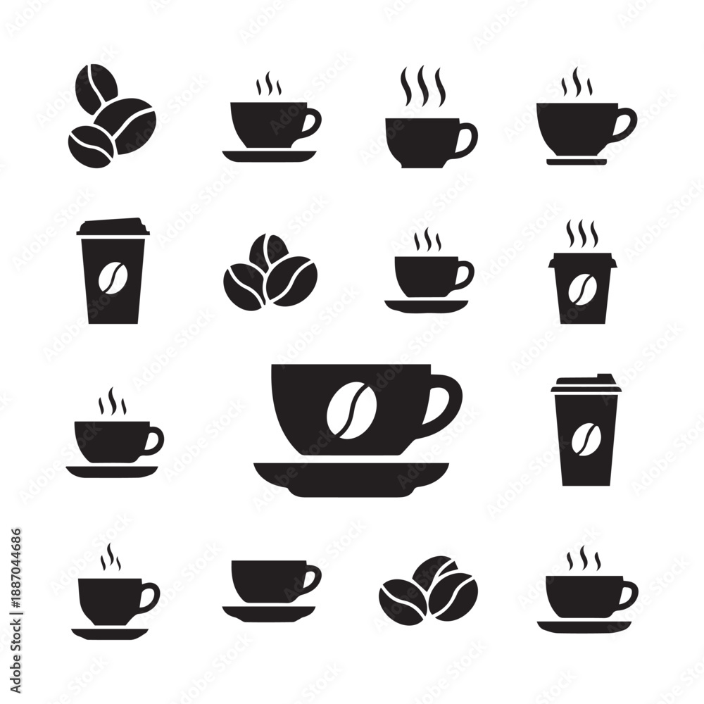Obraz premium Coffee Cups and Beans Icons Set – Cafe and Beverage Symbols