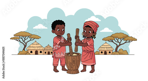 Vector illustration of African children pounding grain together, reflecting traditional food preparation and cooperative family life in rural communities in flat vector style