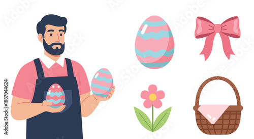 A charming composition of Easter preparation elements, depicting a man in an apron holding two decorated eggs, a large striped egg, a pink bow, a flower, and a basket with a cloth.