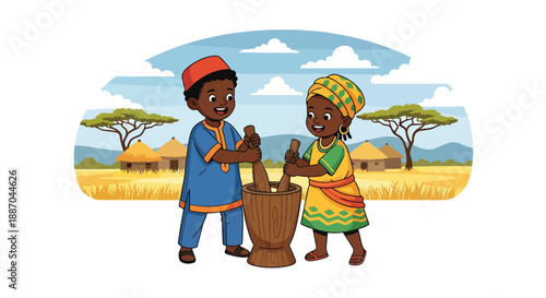 Vector illustration of African children pounding grain together, reflecting traditional food preparation and cooperative family life in rural communities in flat vector style
