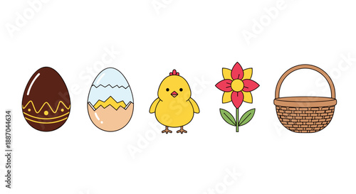 A charming selection of Easter and spring elements, featuring a chocolate egg, a cracked decorated egg, a cute yellow chick, a vibrant flower, and an empty woven basket.