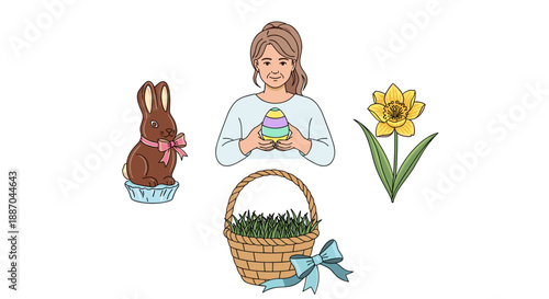 A lovely scene combining Easter traditions, showing a woman gently holding a decorated egg, a chocolate bunny, a basket filled with green grass, a bright daffodil, and a pretty blue bow.