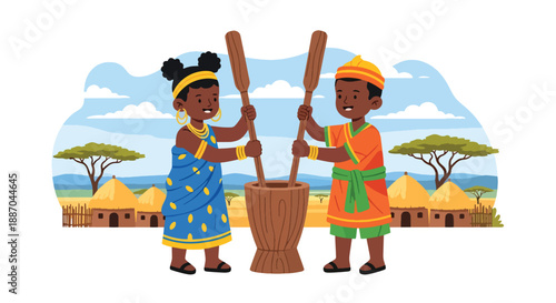Vector illustration of African children pounding grain together, reflecting traditional food preparation and cooperative family life in rural communities in flat vector style
