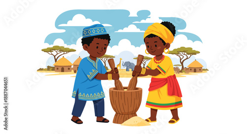 Vector illustration of African children pounding grain together, reflecting traditional food preparation and cooperative family life in rural communities in flat vector style