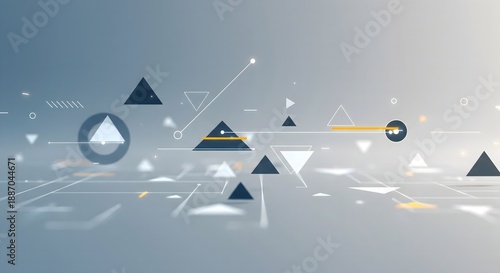 Abstract geometric artwork, featuring various triangles, lines, and circles in a gradient light blue and gray space. The design elements create a sense of depth