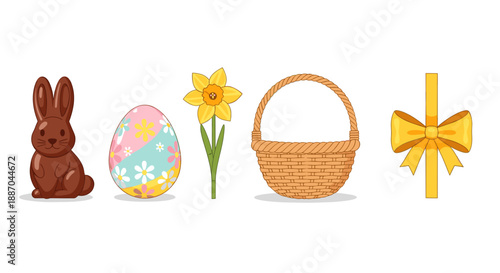 A sweet and colorful arrangement of classic Easter symbols, including a chocolate bunny, a beautifully decorated egg, a yellow daffodil, an empty basket, and a bright yellow ribbon.
