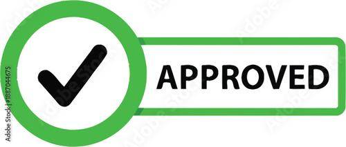 Graphic illustration of a prominent green approved stamp featuring a bold black checkmark symbol next to the word approved against a clean white background suggesting success and quality assurance.