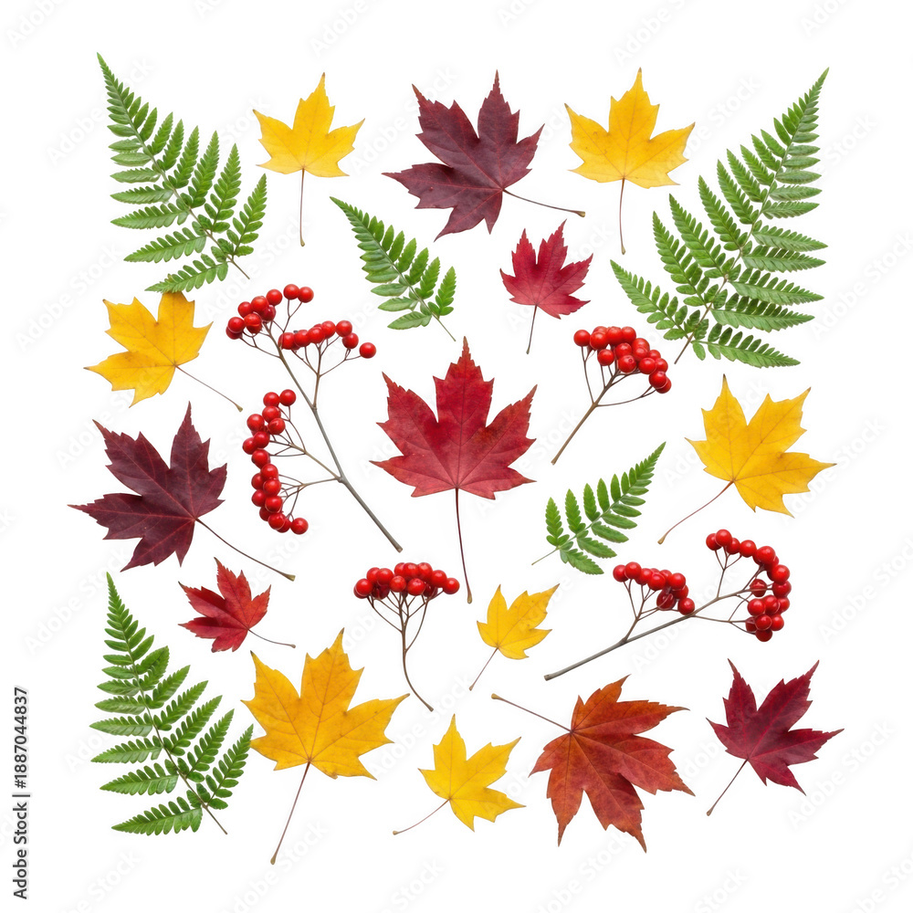 Fototapeta premium Vibrant autumn leaves and berries arrangement isolated on transparent background