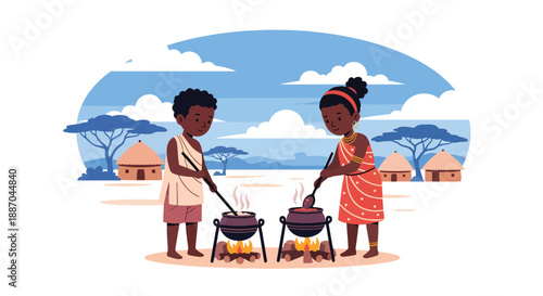 Vector illustration of African children helping cook meals outdoors with simple pots, showing daily family contribution and rural lifestyle in flat vector style