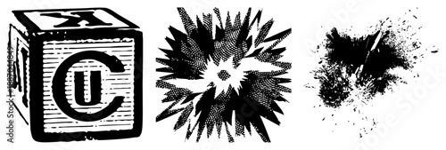 Vintage Wooden Alphabet Block with Letter C and Halftone Explosion Graphics