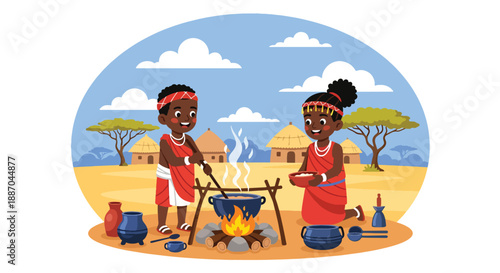 Vector illustration of African children helping cook meals outdoors with simple pots, showing daily family contribution and rural lifestyle in flat vector style