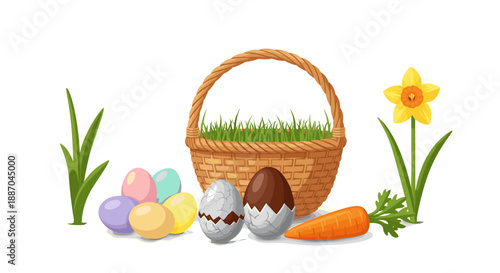 A collection of outdoor furniture and decor, including a hammock, potted plant, wicker chair, side table, and lantern, isolated on white.