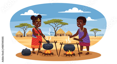Vector illustration of African children helping cook meals outdoors with simple pots, showing daily family contribution and rural lifestyle in flat vector style
