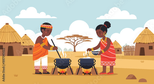 Vector illustration of African children helping cook meals outdoors with simple pots, showing daily family contribution and rural lifestyle in flat vector style