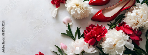 Red and white peonies with high heels on a textured background. Flat lay fashion and romance concept. Copy space