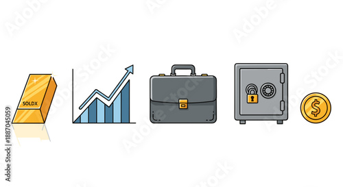 Key financial assets and security items: gold bar, upward chart, grey briefcase, locked safe, and a shining gold coin.