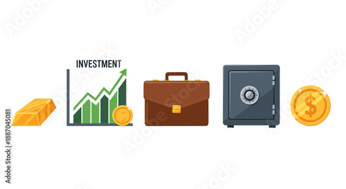 Key financial assets and security items: gold bar, investment chart, briefcase, blue safe, and gold coin.