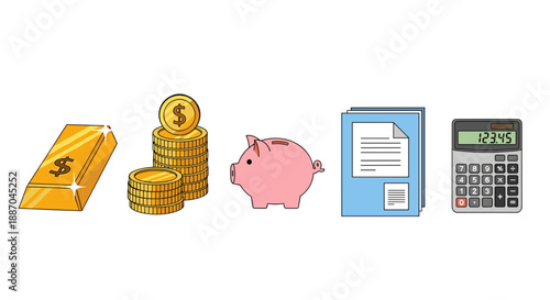 This clear illustration shows essential financial management and savings elements, including a gold bar, coins, a pink piggy bank, documents, and a calculator.