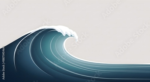 A stylized ocean wave depicted with shades of blue and white, cresting and curling against a neutral background. The illustration has clean lines