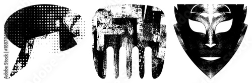 Three Abstract Halftone Speech Bubble, Comb, and Mask