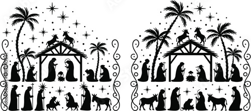Christmas nativity scene silhouette illustration with holy family, wise men, animals and palm trees, black and white religious holiday decoration collection vector