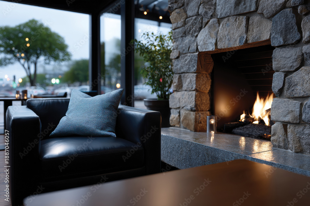 Fototapeta premium A warm and inviting indoor scene featuring a stylish chair near a stone fireplace, creating a perfect ambiance for relaxation and cozy gatherings in any modern home.