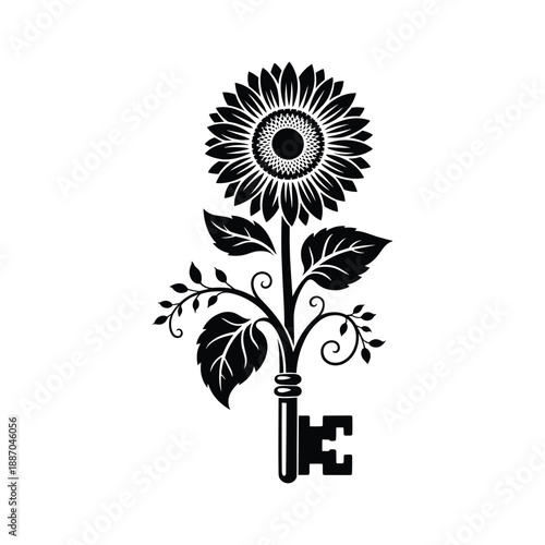 Whimsical sunflower key symbol organic growth abstract artistic floral design element
